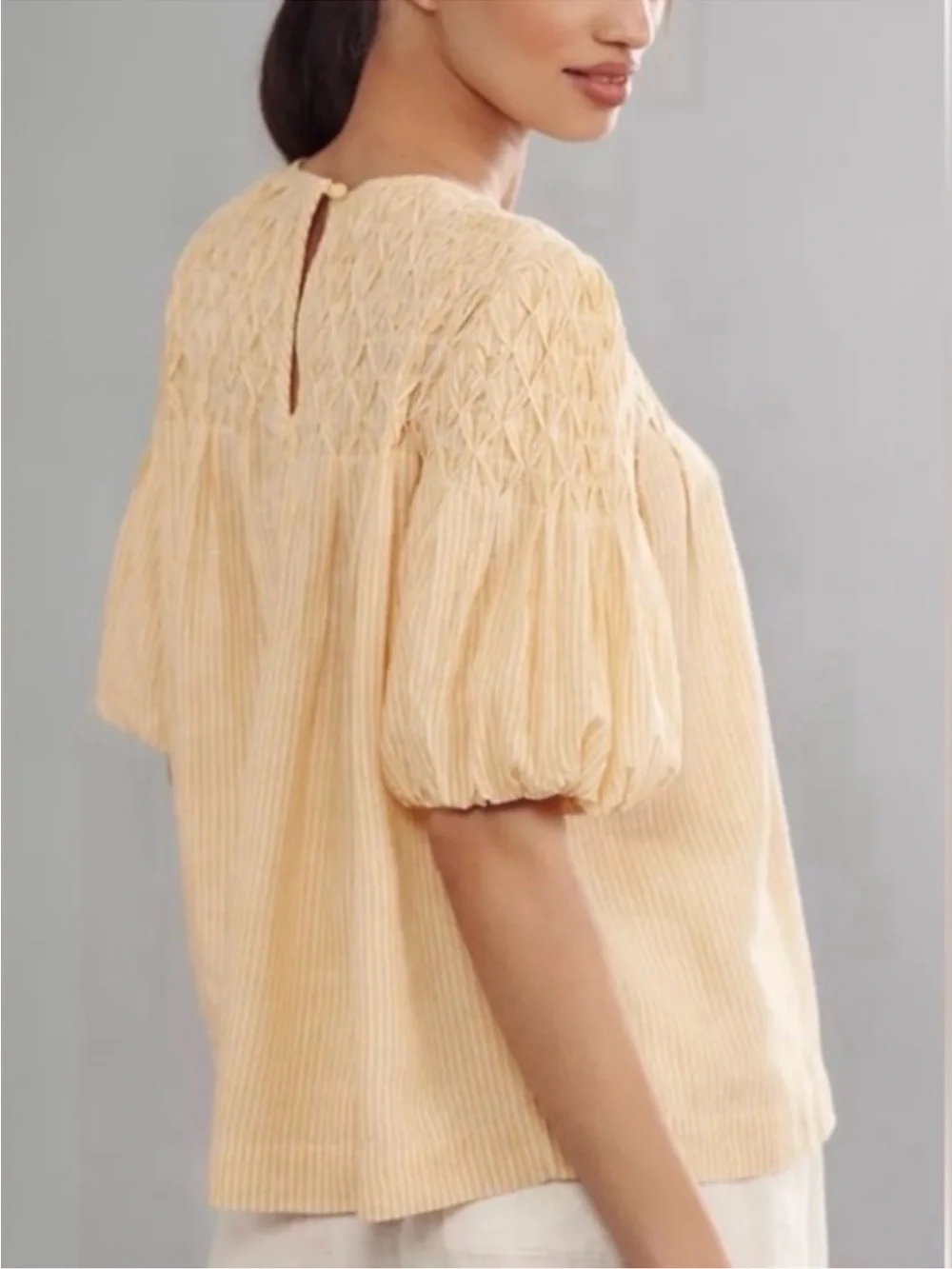 Anthropologie Butter Yellow & White Striped Smocked Puff Sleeve Blouse